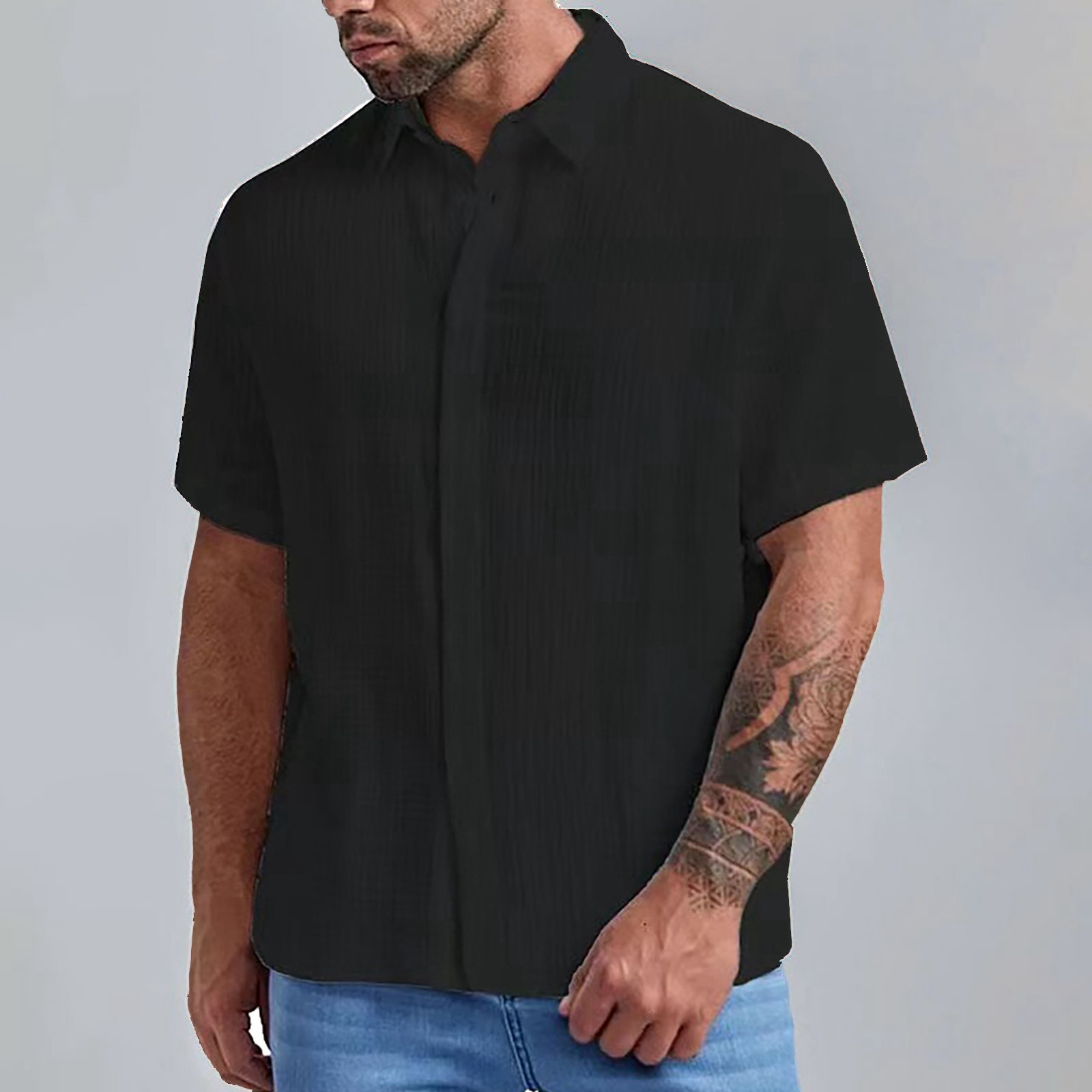 thumbnail image 5 of Camisa de manga corta con cuello cubano para hombre - Camisa informal con botones para bodas en la playa - Ropa de verano, 5 of 5